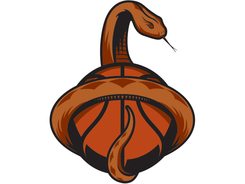 A stylized brown snake coiled around a basketball, head raised with forked tongue extended, in bold graphic illustration style.