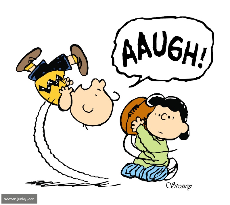 Charlie Brown kicks a football held by Lucy, who pulls it away as he yells "AAUGH!" in classic Peanuts cartoon style.