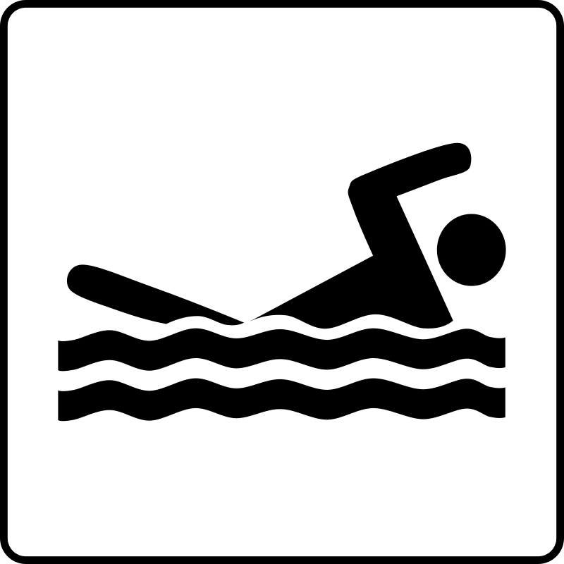 Black silhouette of a swimmer performing freestyle stroke above stylized waves, on white background with rounded corners.