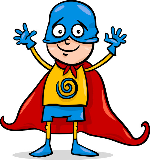 Cheerful cartoon superhero child in blue mask, yellow shirt with spiral emblem, red cape, and gloves, waving both hands.