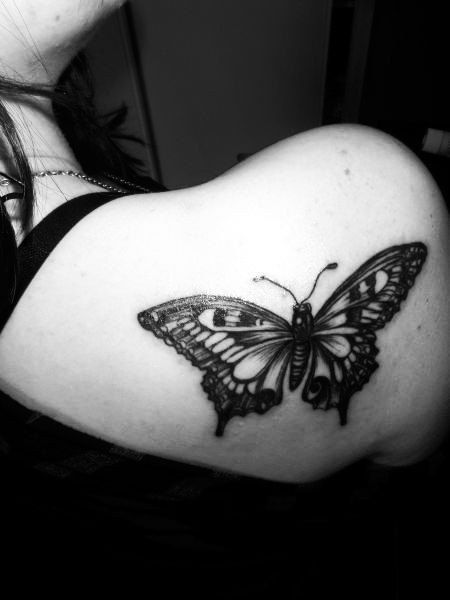 Black Butterfly Tattoo on Sholder - Design of TattoosDesign of Tattoos