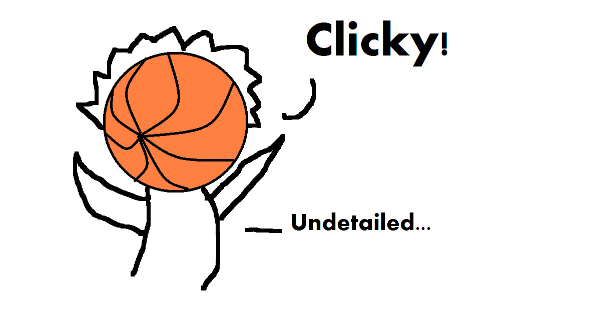 A hand-drawn stick figure holding an orange basketball with a spiky outline, labeled "Clicky!" and "Undetailed..."