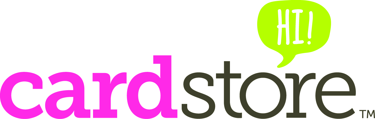 Cardstore logo with pink "card" and brown "store" text, plus a lime green speech bubble saying "HI!"