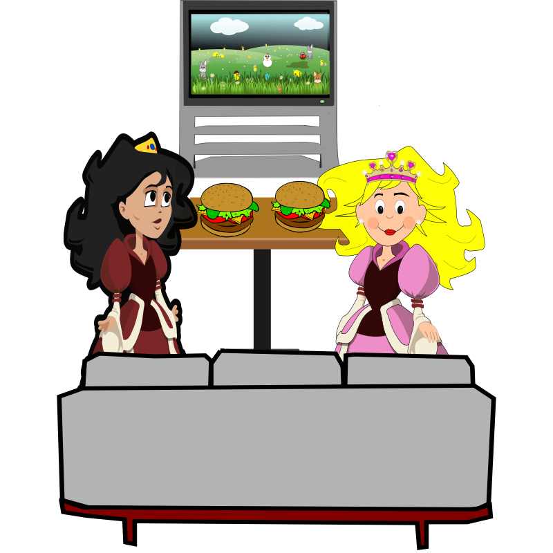 Princesses Enjoying Burgers & Cartoons - Fun Kids’ Illustration