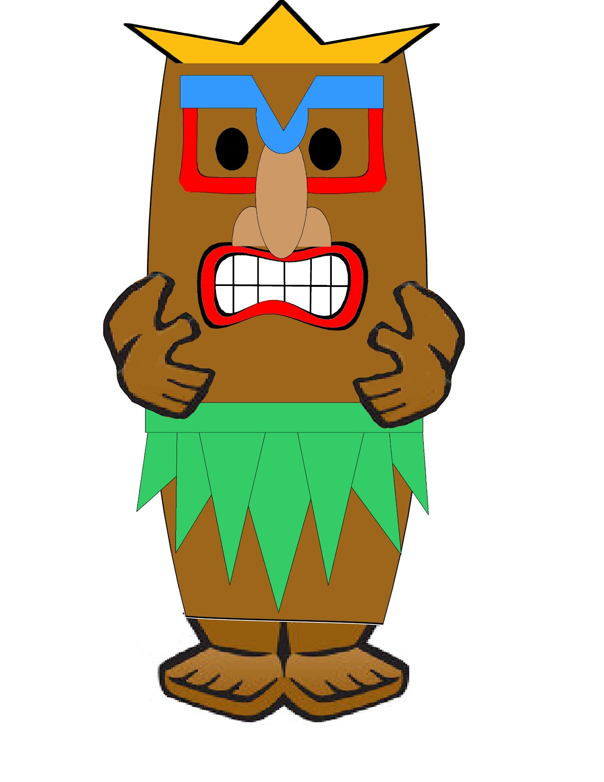 Cartoon tiki mask character with yellow crown, blue-red goggles, green skirt, and angry expression giving thumbs-up gestures.