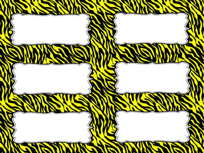 Six blank white label templates with scalloped edges on a vibrant yellow-and-black zebra print background.