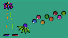 Colorful butterfly kite with ribbons, green flower, and arc of rainbow circles on teal background.