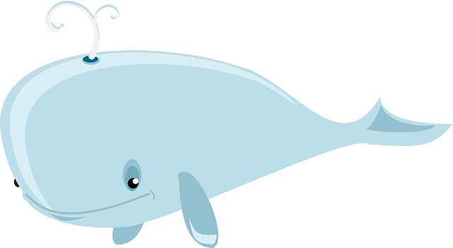 Friendly light blue cartoon whale with smiling face and playful spout of water.