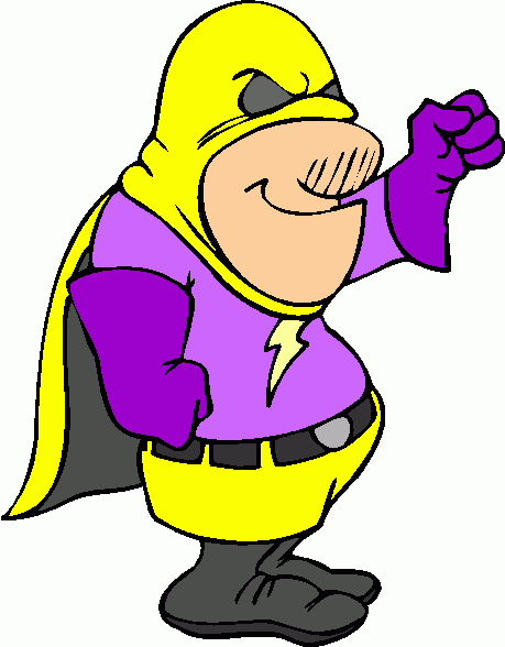 Cheerful cartoon superhero with yellow hood, purple shirt, lightning bolt emblem, and confident pose.