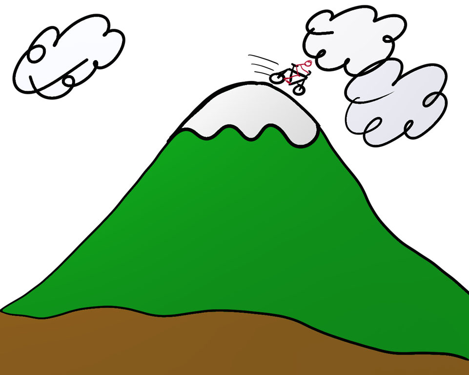 A cartoon-style green volcano with snow-capped peak erupting red lava and emitting white smoke clouds against a black sky.