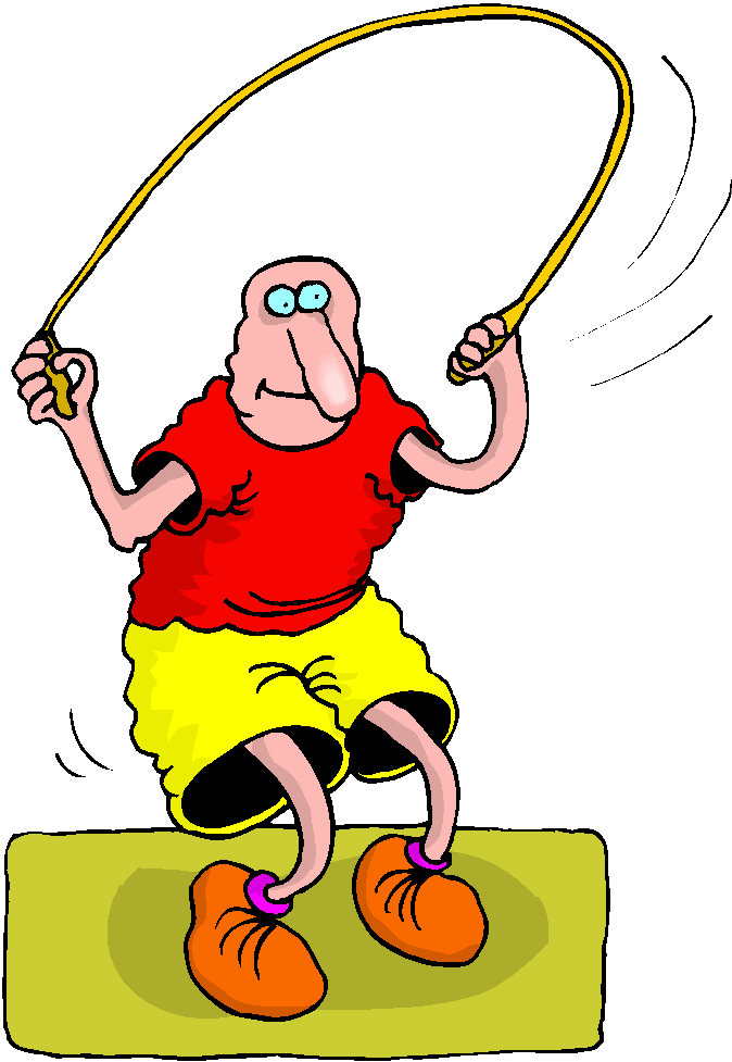 Cartoon man in red shirt and yellow shorts jumping rope with exaggerated features and motion lines.