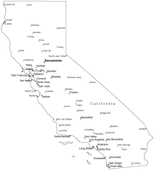 California Black  White Outline Map with Capital and Major Cities 