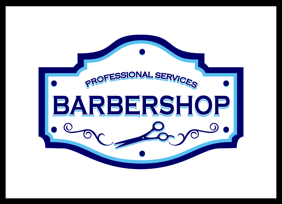 Vintage-style barbershop logo with blue ornate frame, "Professional Services" arch, bold "BARBERSHOP" text, and decorative scissors.