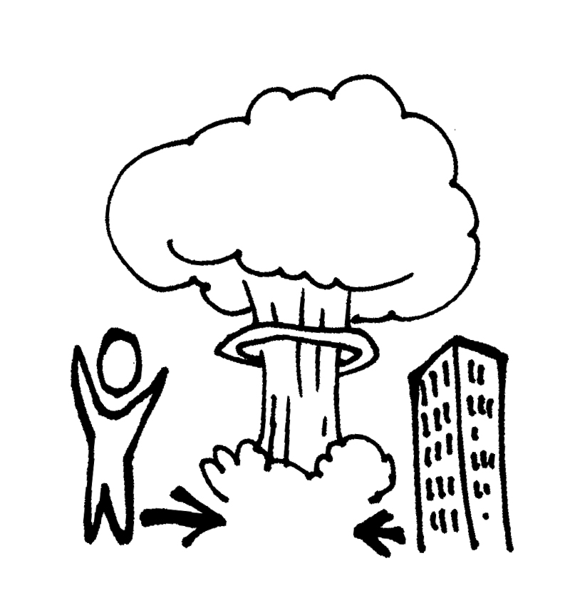 Nuclear Explosion Illustration - Symbolic Sketch of Disaster and Evacuation
