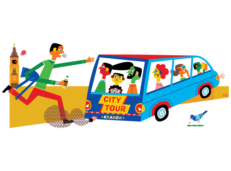 A man in green and red sprints toward a blue city tour bus labeled "Kraków," while passengers look on; a clock tower and pigeon appear in background.