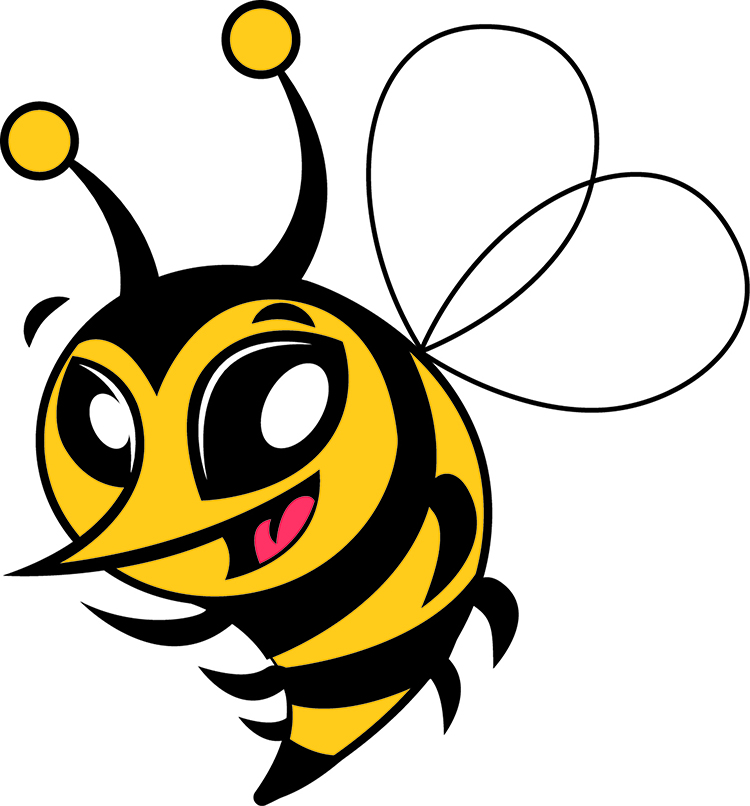 Cheerful cartoon bee with big eyes, smiling face, and striped yellow-black body flying forward.