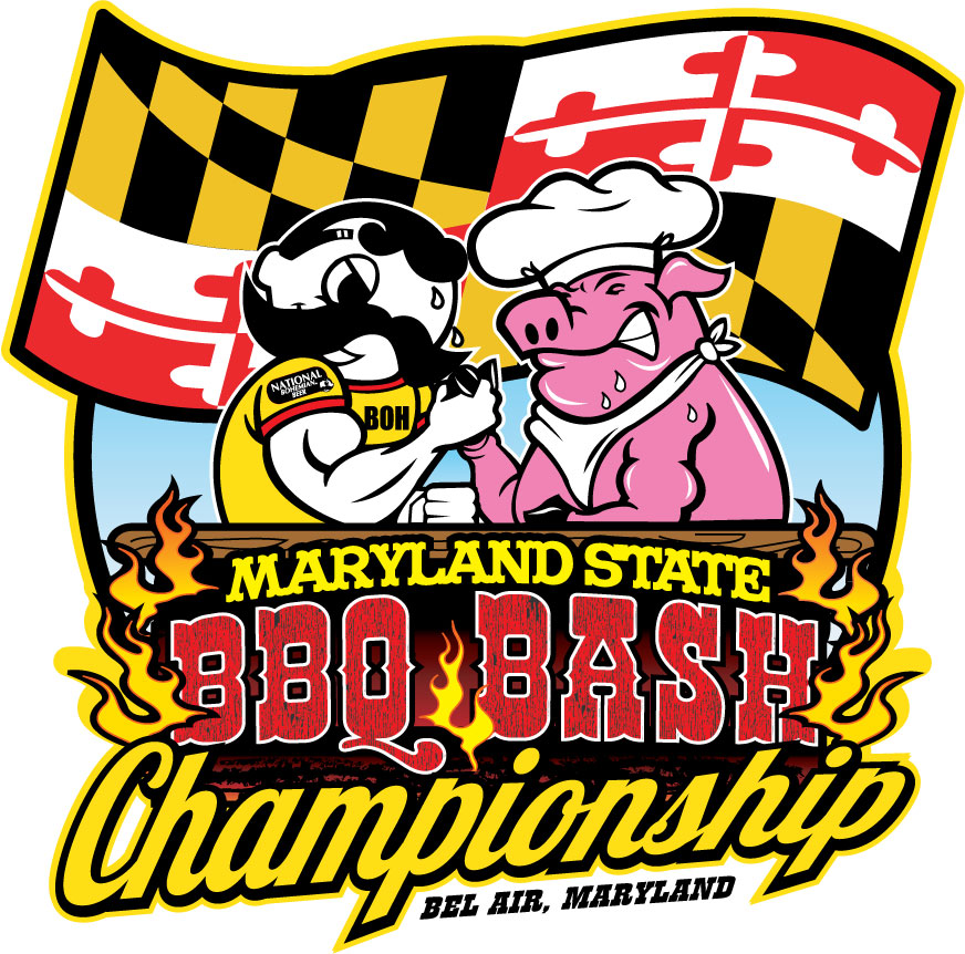 Maryland State BBQ Bash Championship logo featuring cartoon chef and pig with Maryland flag backdrop and flames.