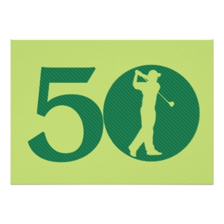 Green graphic with number 50 and silhouette of a golfer mid-swing inside a circle.