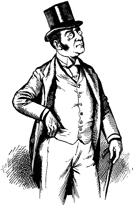 19th-century gentleman in top hat, waistcoat, and spectacles, holding cane with hand on hip, drawn in vintage line-art style.