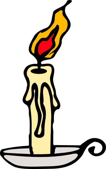 A lit yellow candle with dripping wax in a decorative metal holder, flame glowing red and orange.