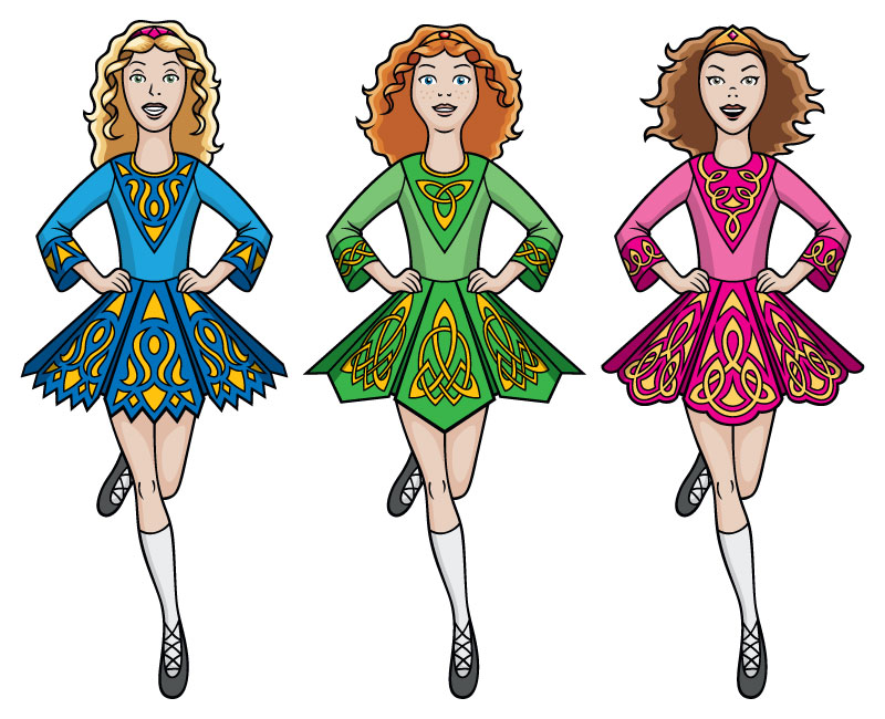 Traditional Irish Step Dance Costumes - Blue, Green & Pink Celtic Designs