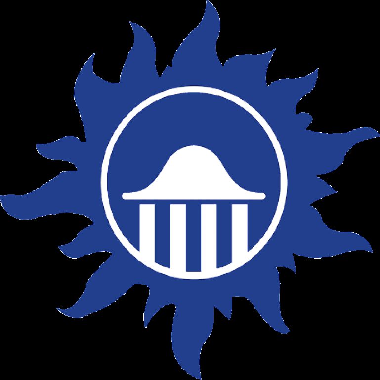 Blue sunburst logo with white circular emblem containing a dome and columns, symbolizing authority or governance.