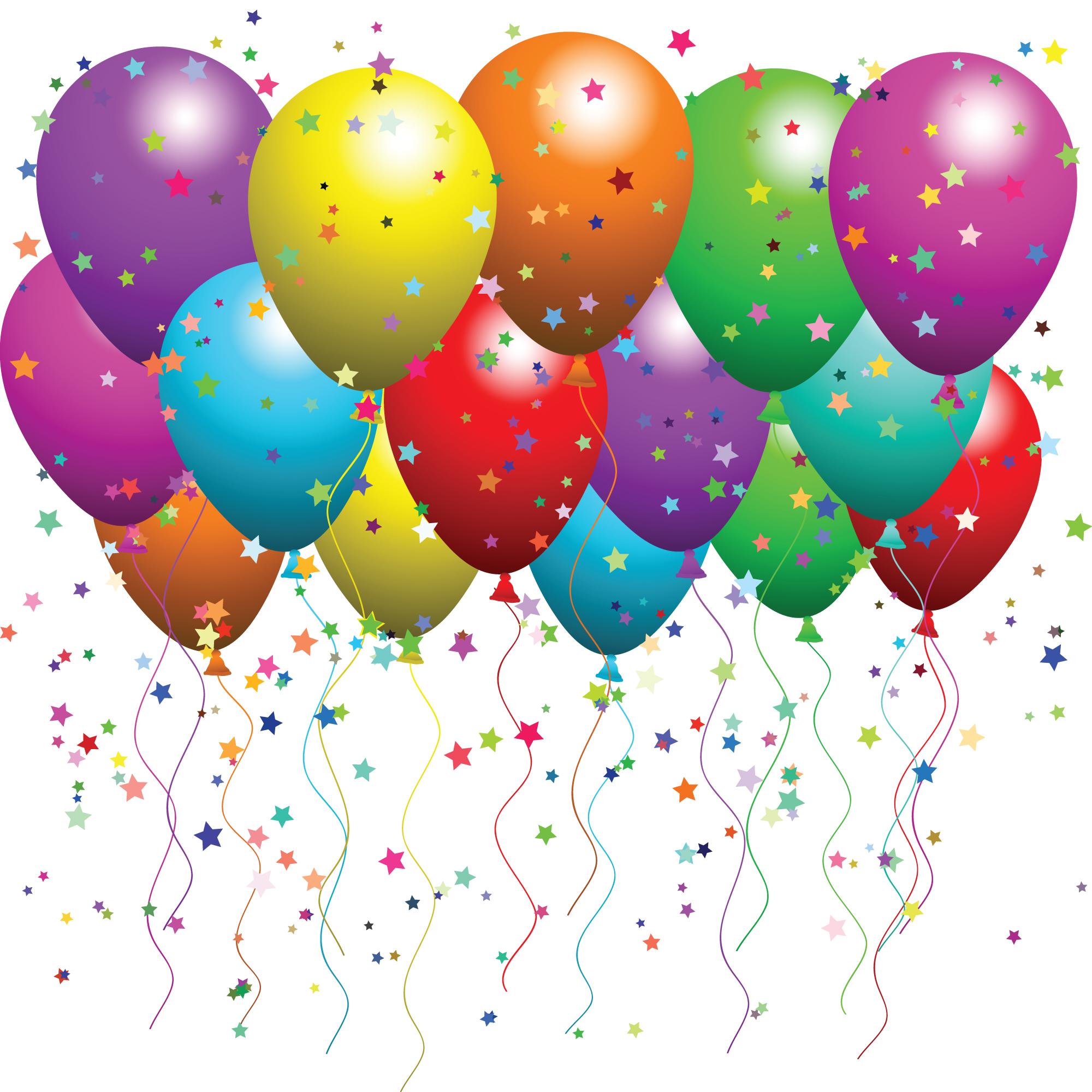 Colorful festive balloons with star confetti and curly ribbons floating against a white background.