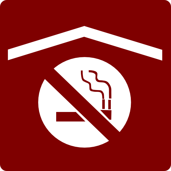 No smoking sign with red background and white cigarette icon crossed out under a roof symbol