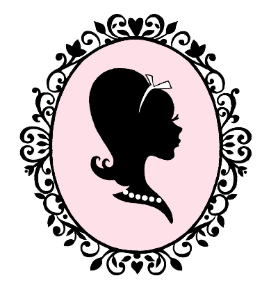Elegant vintage-style silhouette of a woman in profile, framed by ornate black filigree on a soft pink background.