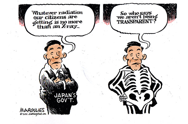 Political cartoon showing Japanese government official comparing citizen radiation exposure to an X-ray, and a skeletal figure questioning transparency.