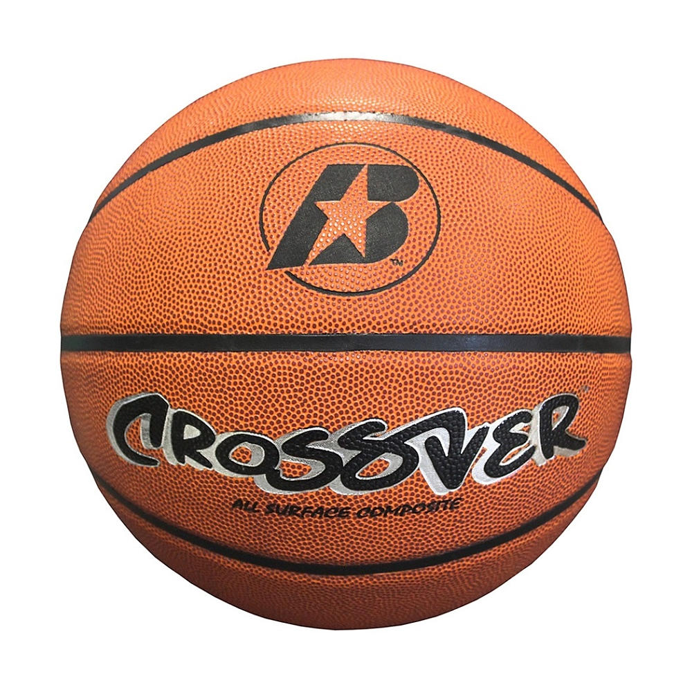 Orange "Crossover" basketball with black logo and textured composite surface, isolated on white background.