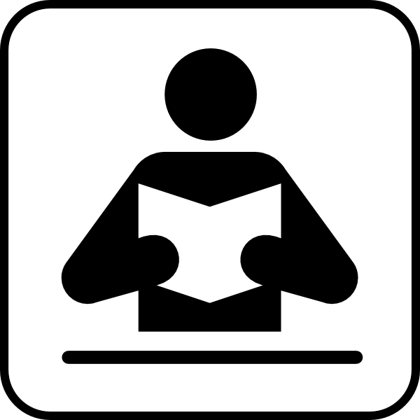 Person reading a book at a table, minimalist black-and-white icon.