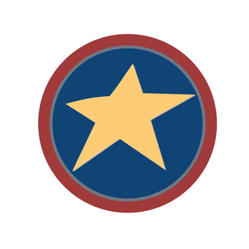 A bold yellow star centered in a blue circle with red and gray concentric borders, resembling a classic superhero emblem.