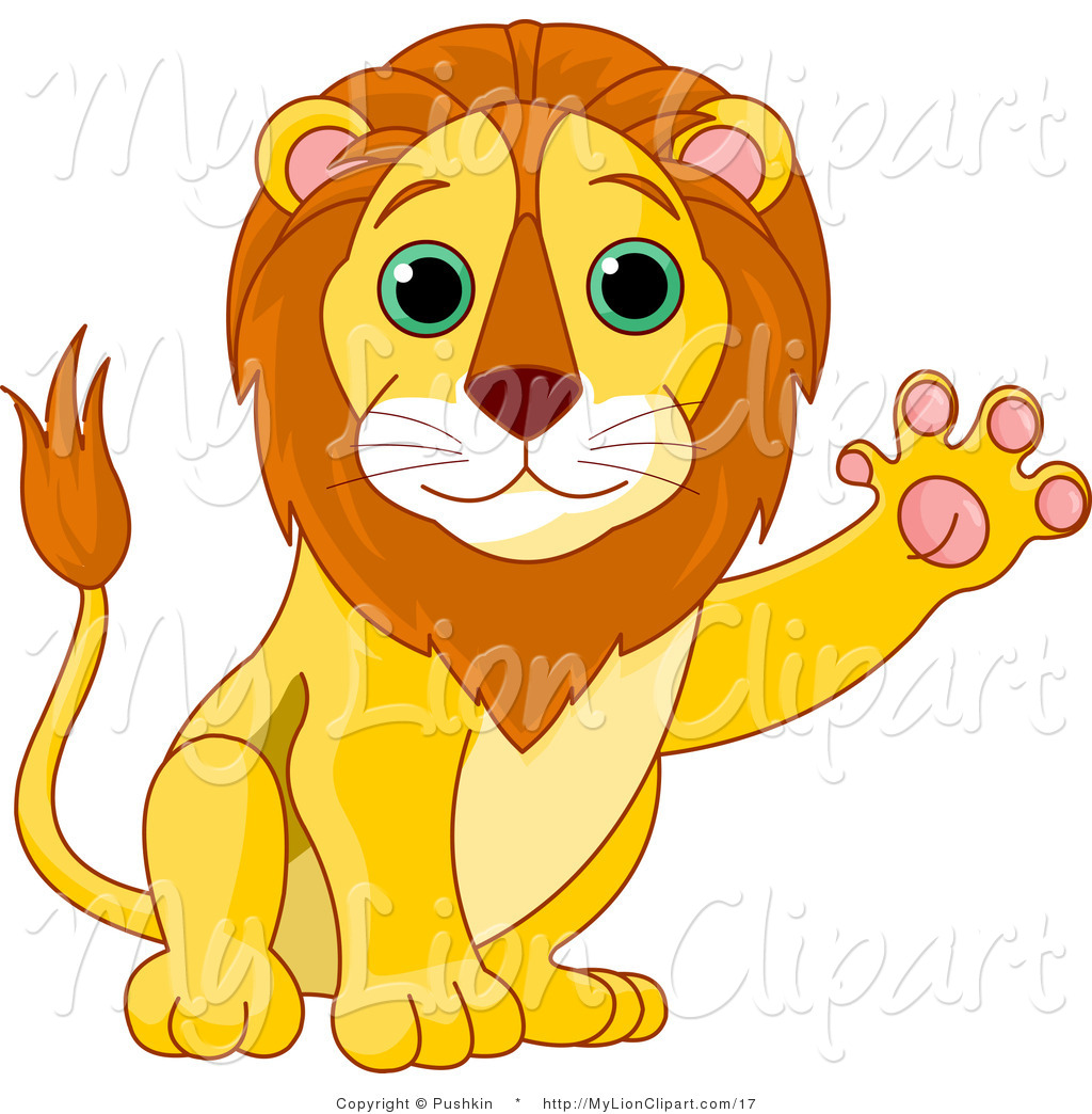 Vector Clipart of a Cute Sitting Lion Waving by Pushkin - #17