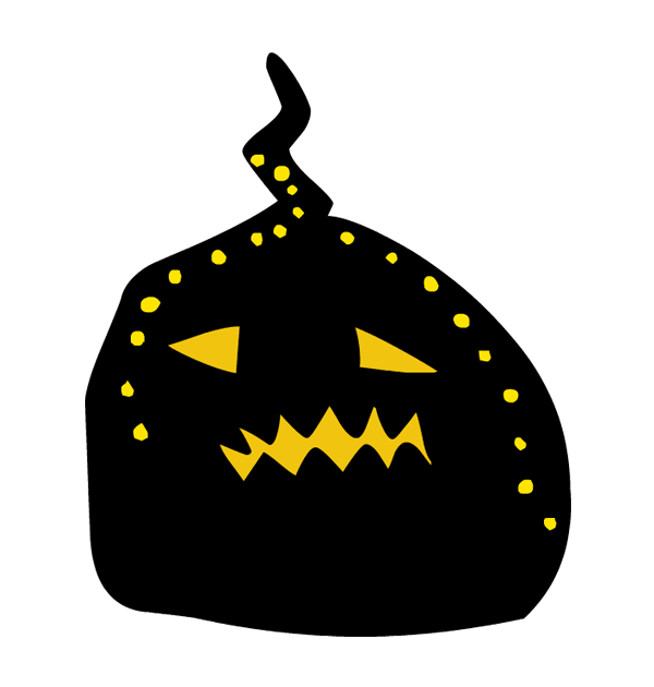 Glowing yellow jack-o'-lantern face with triangular eyes, jagged grin, and dotted outline on black background.