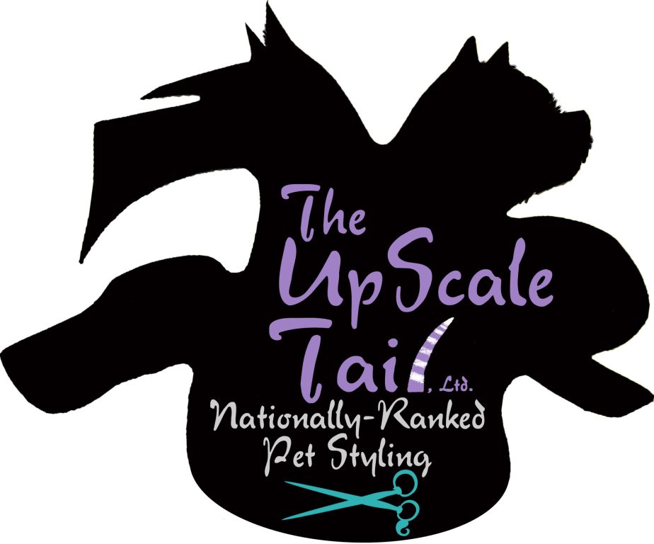 Silhouette logo of a dog and cat with "The UpScale Tail, Ltd." text and scissors icon, representing a pet styling business.