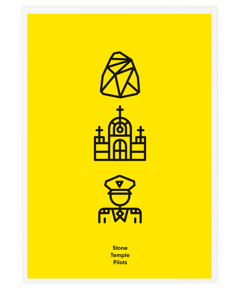 Minimalist black line icons on yellow: crystal, temple with crosses, and pilot in uniform, labeled "Stone Temple Pilots"
