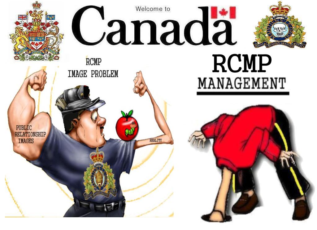 Satirical cartoon contrasting idealized RCMP public image with bureaucratic reality, featuring exaggerated officer and slumped figure.