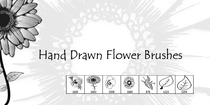Hand-drawn floral brush set preview with sunflower illustration and sample brush strokes.