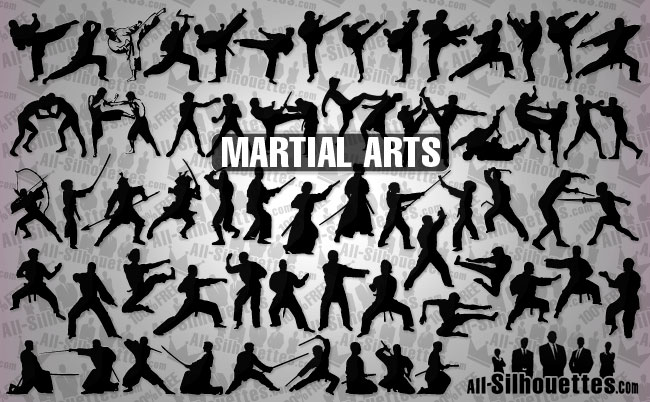 Collection of black martial arts silhouettes showing diverse fighting styles, weapons, and stances against a light background.