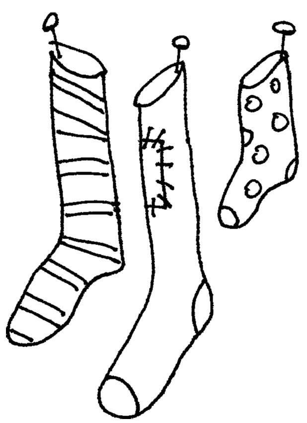 Hand-drawn sketch of three hanging socks with striped, stitched, and polka-dot patterns.