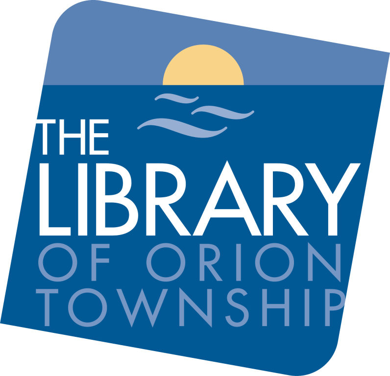 Logo for The Library of Orion Township featuring a sunset over water with stylized waves and bold typography.