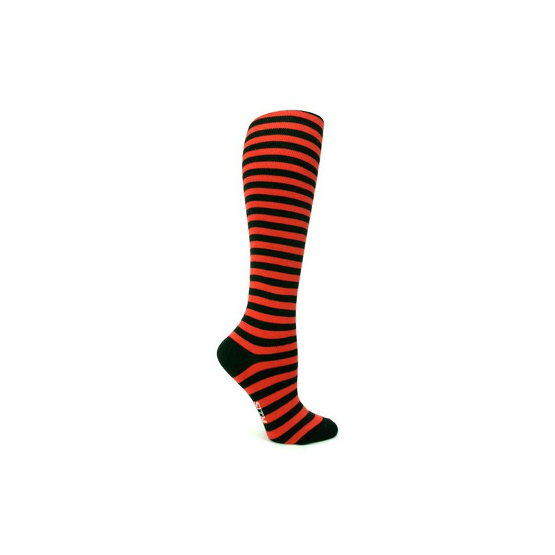 Red and black horizontally striped knee-high sock on a white background
