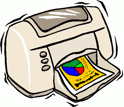 Beige inkjet printer outputting a colorful pie chart document with motion lines indicating active printing.