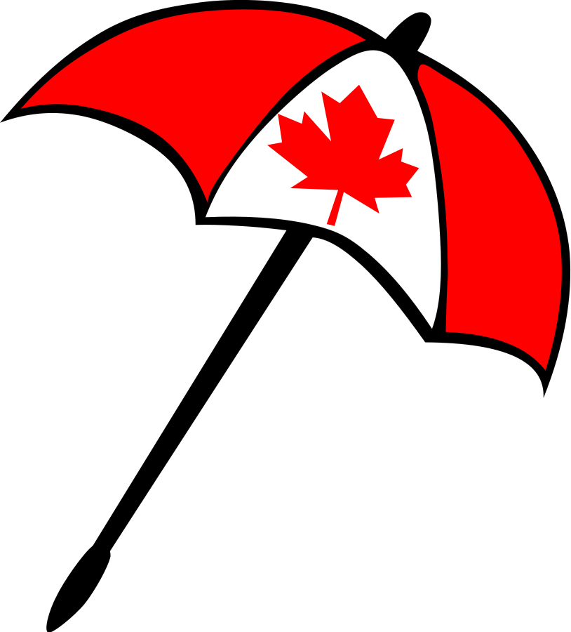 Red umbrella with white panel and red maple leaf, symbolizing Canadian protection or service.