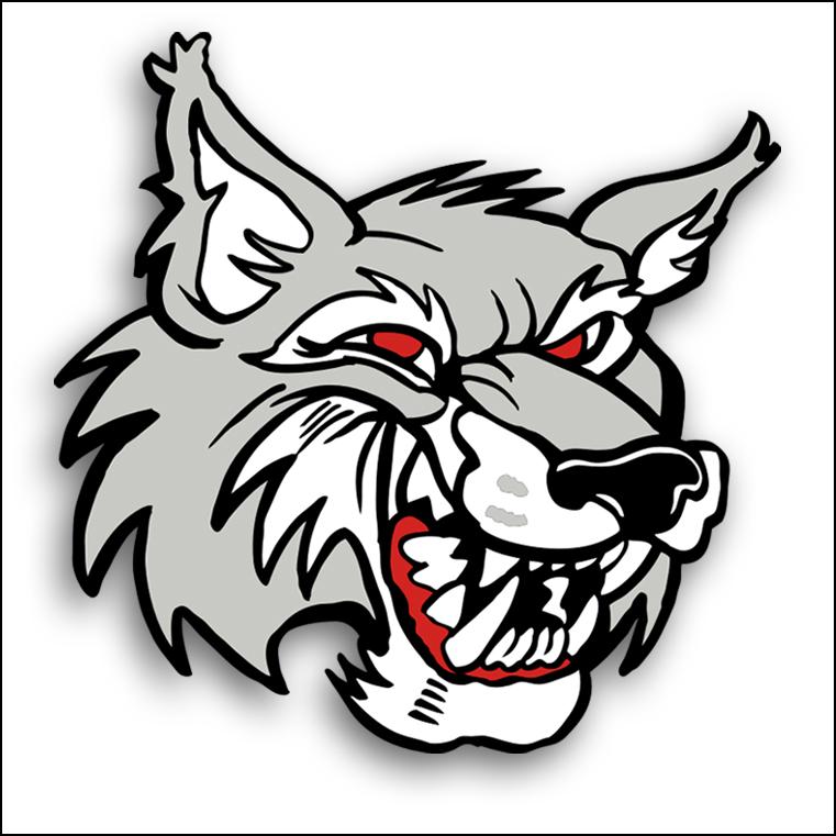 Fierce gray wolf mascot head with red eyes and bared teeth, stylized cartoon illustration.