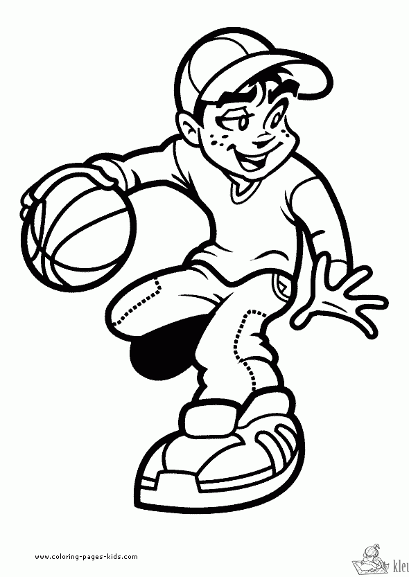 Cartoon boy dribbling a basketball in dynamic pose, wearing cap and sneakers, black-and-white line art for coloring.