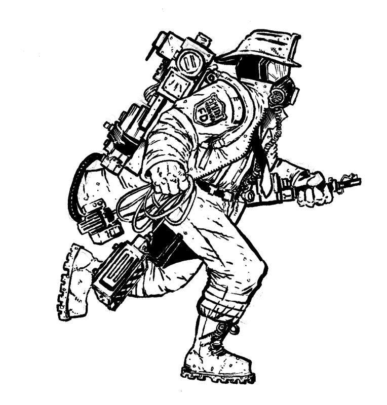 A heavily armored hazmat-suited figure in motion, carrying a backpack-mounted device and手持 tool, drawn in bold ink line art.