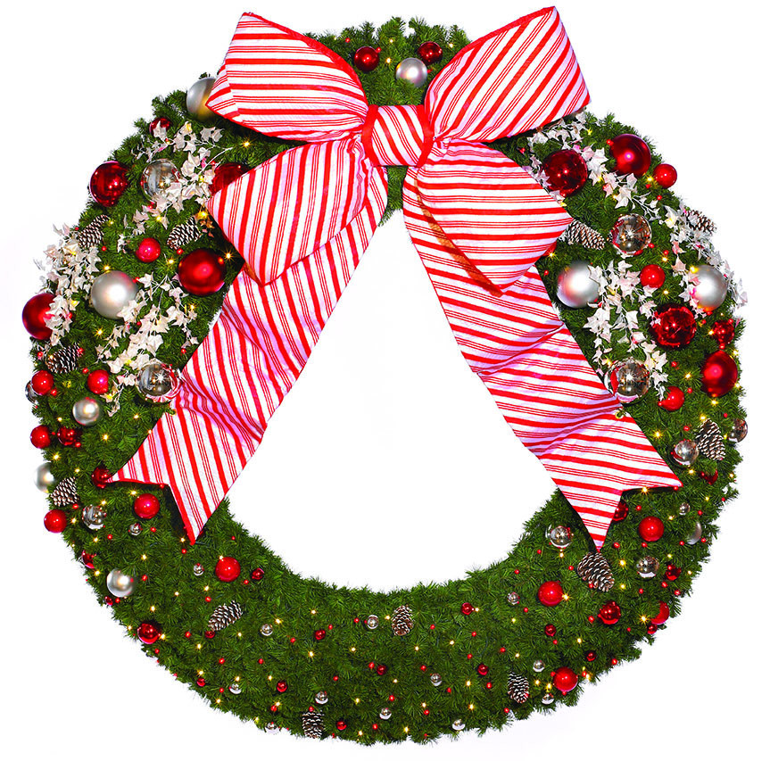 Festive Christmas wreath with red-and-white striped bow, ornaments, pinecones, and twinkling lights on green fir base.