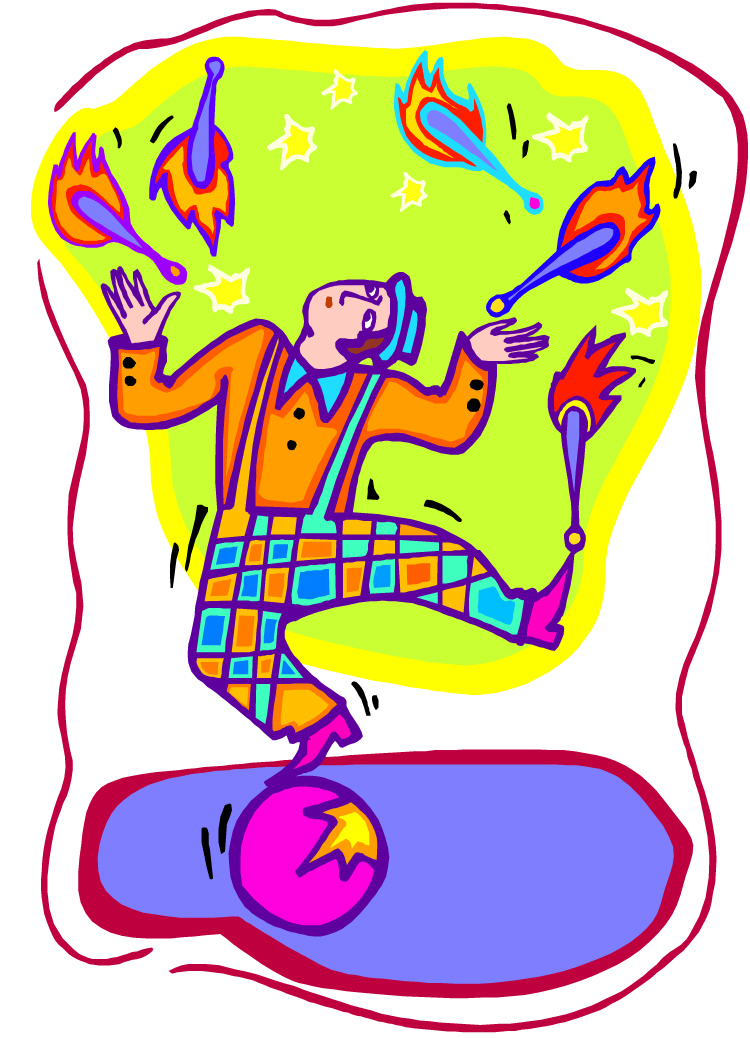 Colorful cartoon juggler balancing on a ball while tossing flaming pins against a vibrant green background with stars.